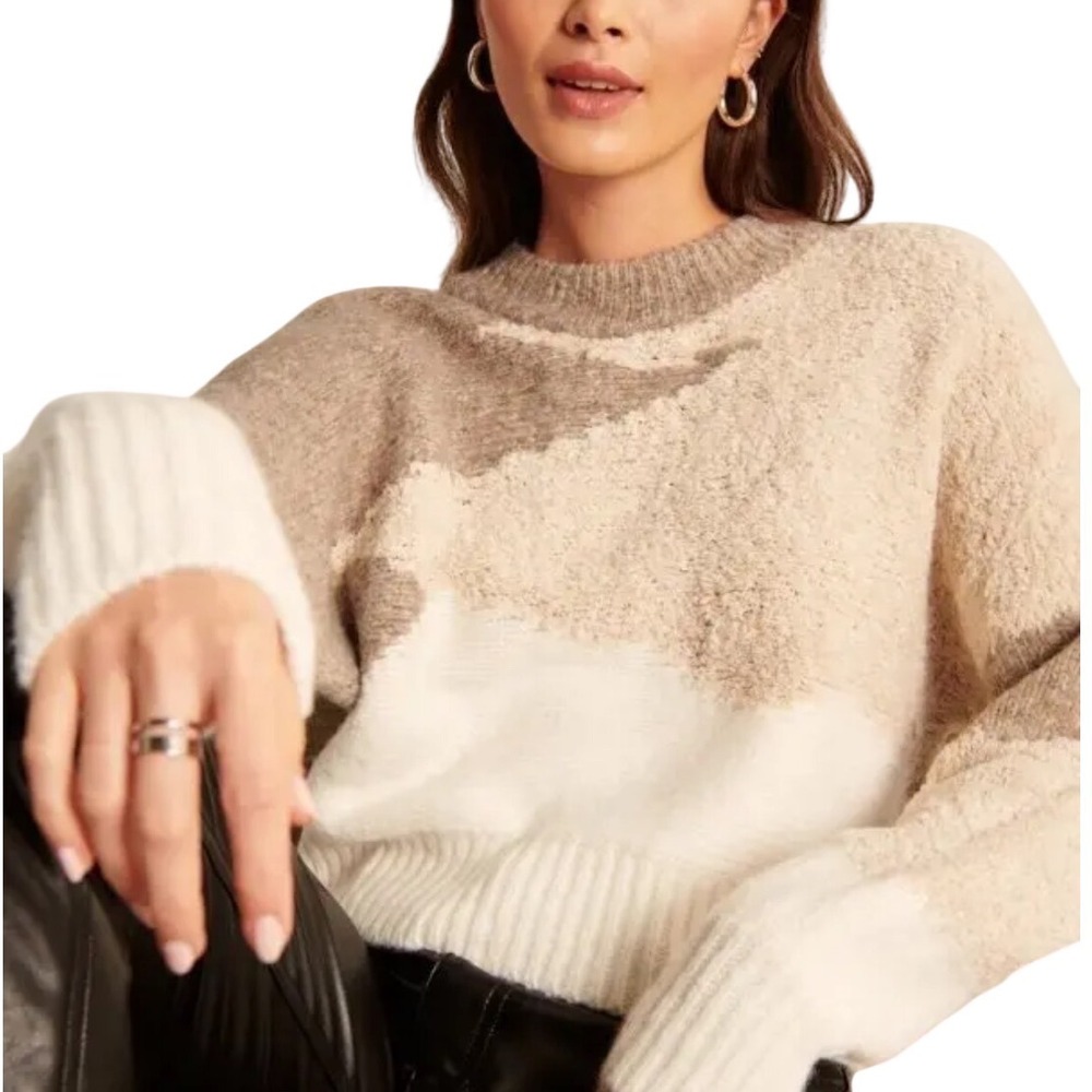 Abercrombie & Fitch Womens Tonal Intarsia Colorblock Sweater Tan Cream Small euc